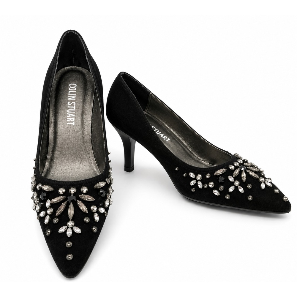Colin Stuart Womens Floral Beaded Evening‎ Pumps Size 8M Black Suede Leather